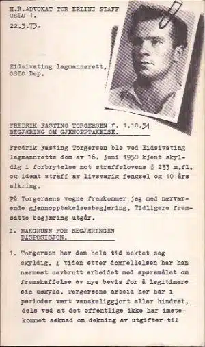 Begjæring om gjenopptakelse av saken mot Fredrik Fasting Torgersen